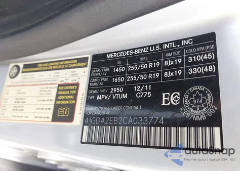 2012 Mercedes-Benz Ml 350 Bluetec 4Matic from USA, damaged, VIN 4JGDA2EB2CA033774